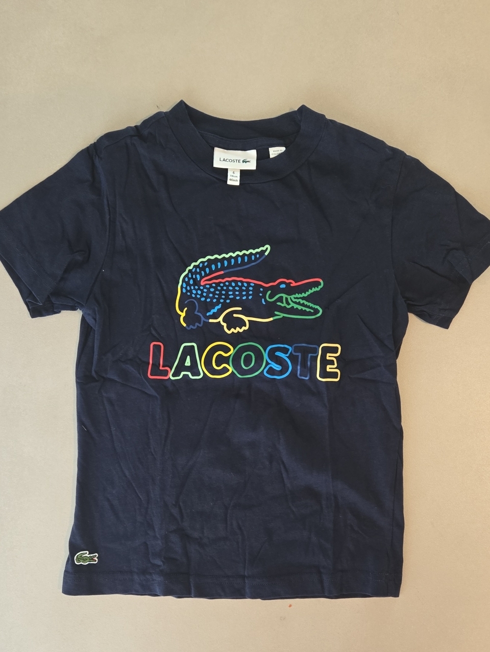 Lacoste Kids Dark Navy Short Sleeve Crew Tee Wit Logo Size 6Y